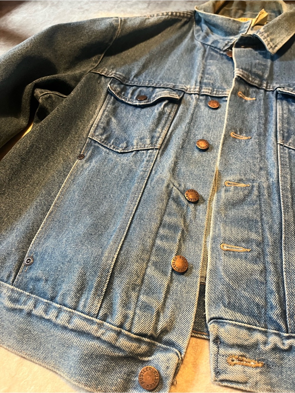 Vintage Rustler Light Blue Denim Jacket with Red Logo Tag